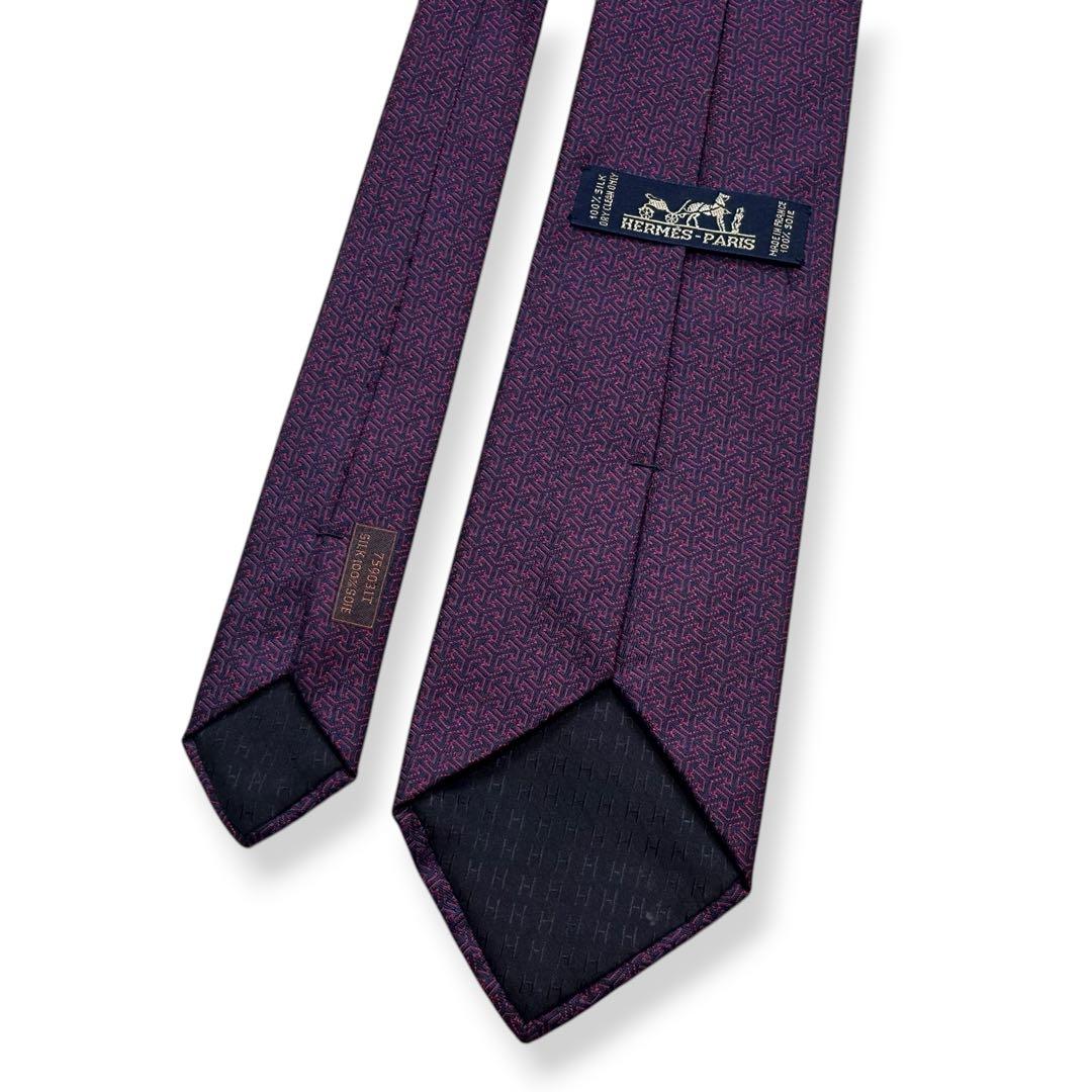 美品✨HERMES ネクタイ　エルメス　ジャガード　ネイビー　レッド