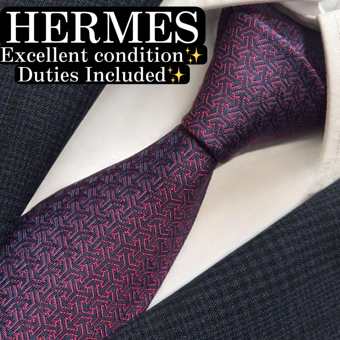 美品✨HERMES ネクタイ　エルメス　ジャガード　ネイビー　レッド