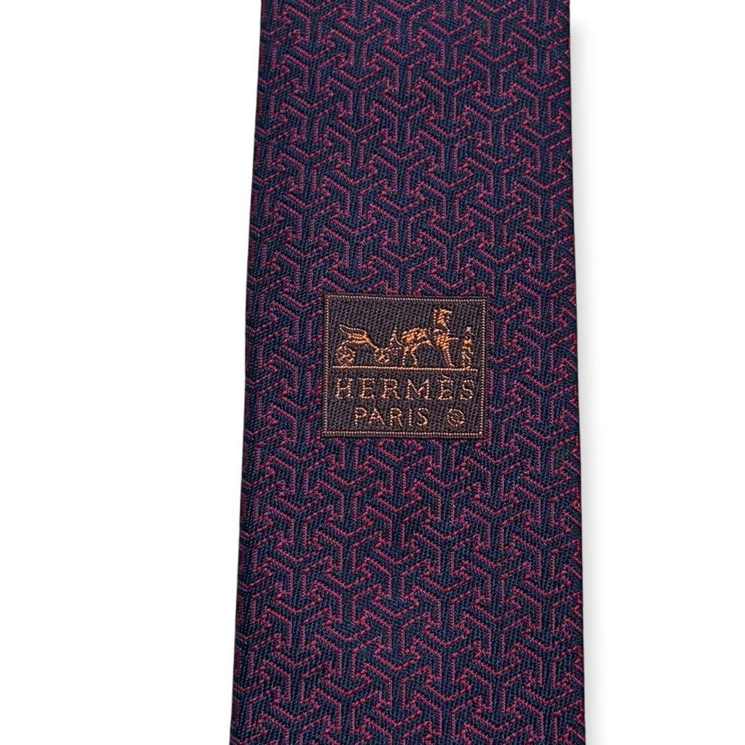 美品✨HERMES ネクタイ　エルメス　ジャガード　ネイビー　レッド