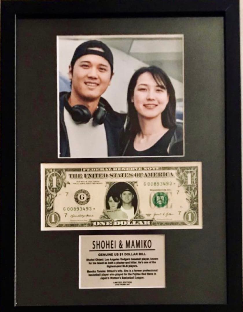 MLB 【 大谷翔平 田中真美子 】USA1ドル札フレーム証明書付、クオカード他