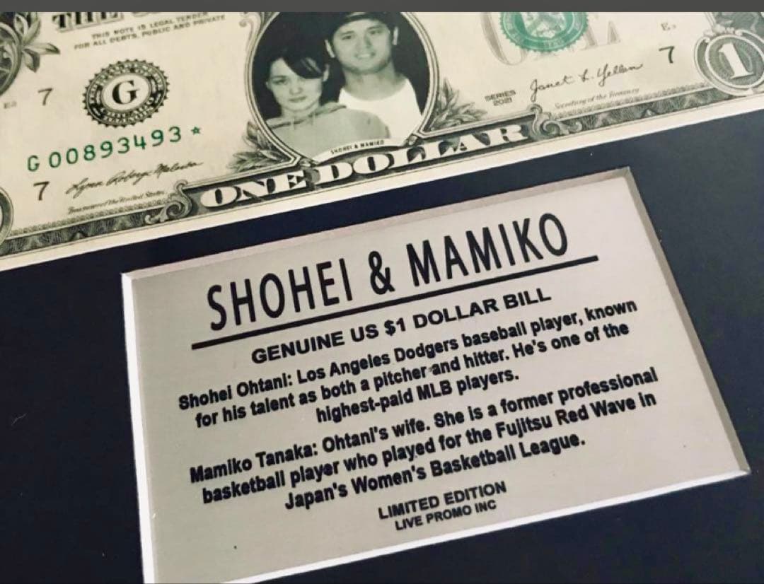 MLB 【 大谷翔平 田中真美子 】USA1ドル札フレーム証明書付、クオカード他