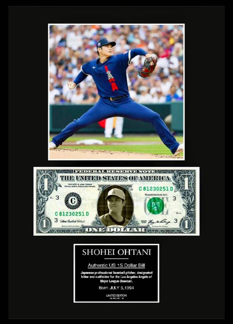 MLB 【 大谷翔平 田中真美子 】USA1ドル札フレーム証明書付、クオカード他