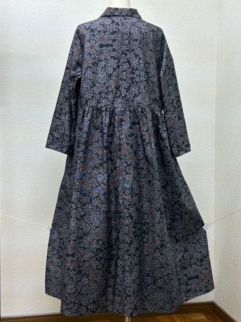 着物リメイク　大島紬ワンピース　前ボタン　 Lサイズ