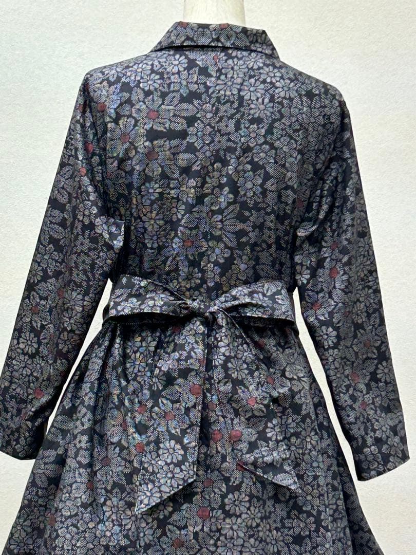 着物リメイク　大島紬ワンピース　前ボタン　 Lサイズ