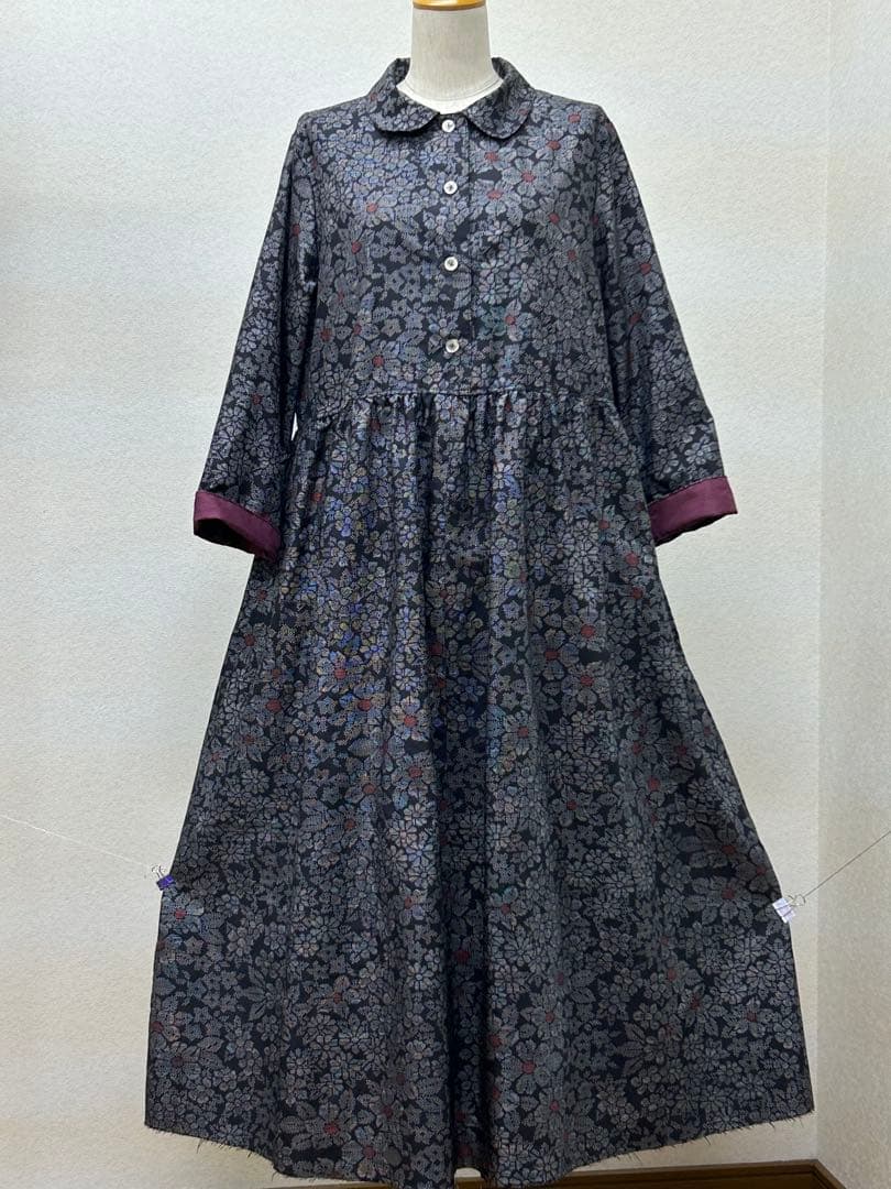 着物リメイク　大島紬ワンピース　前ボタン　 Lサイズ
