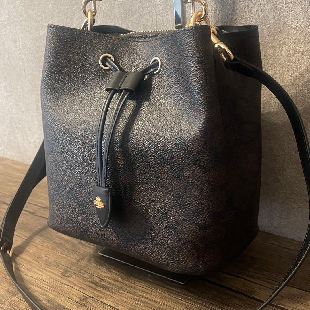 コーチ シグネチャー ローアン バケット バッグ ブラウン キャンバス　@