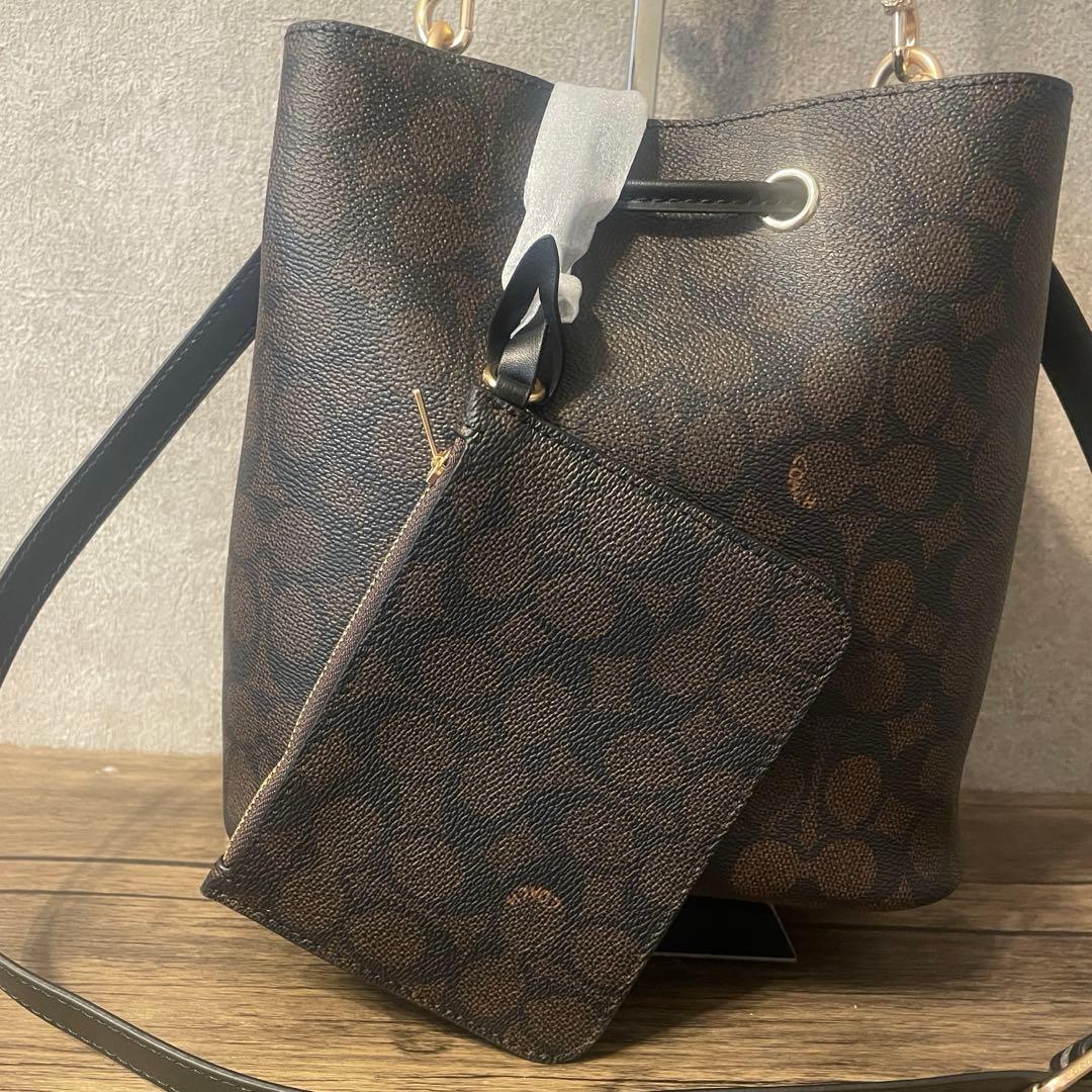 コーチ シグネチャー ローアン バケット バッグ ブラウン キャンバス　@