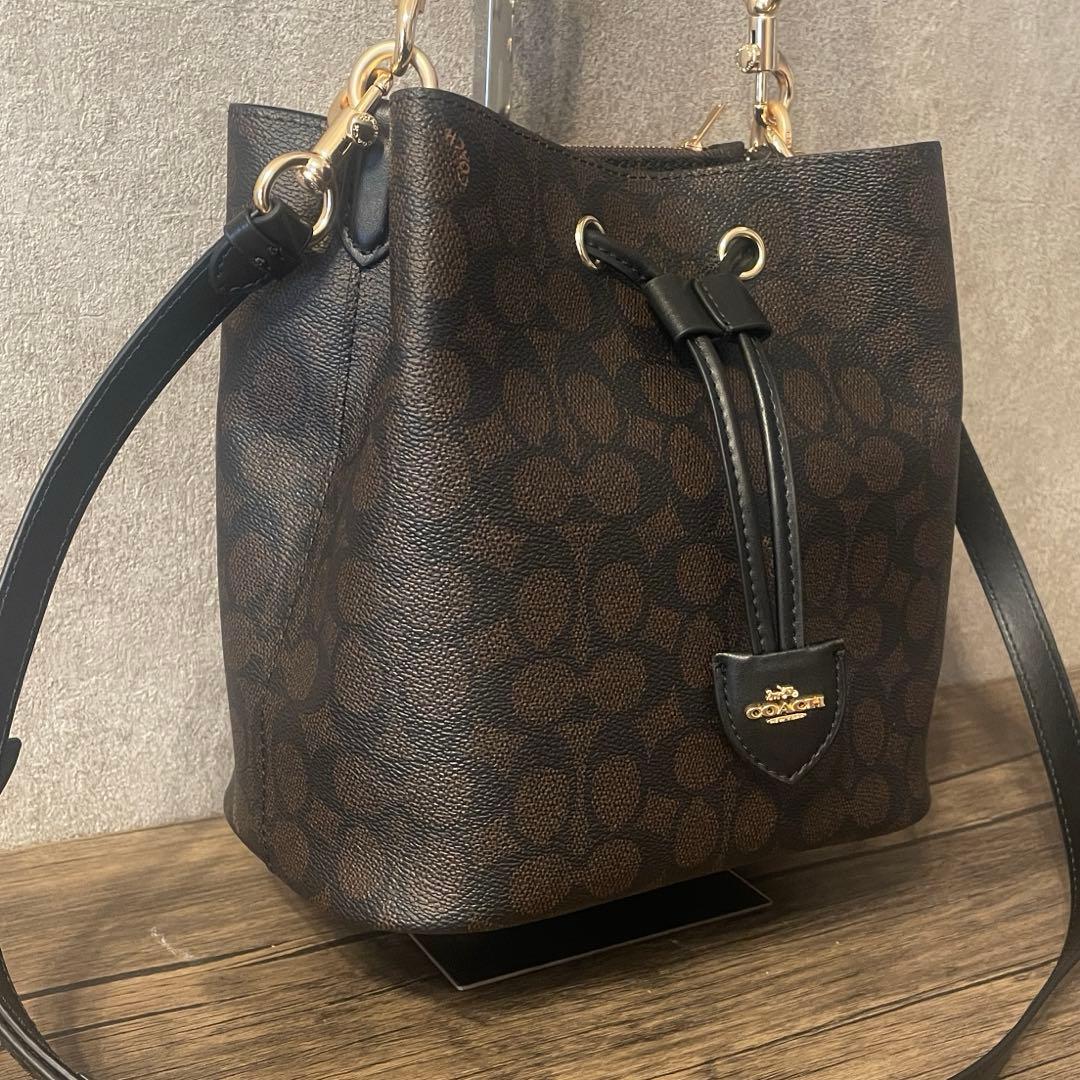 コーチ シグネチャー ローアン バケット バッグ ブラウン キャンバス　@