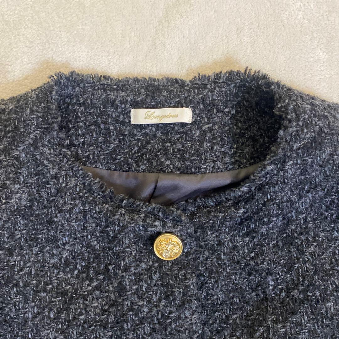 ラウンジドレス　ツイードジャケット　グレー　金ボタン　ノーカラー　卒園式　卒業式