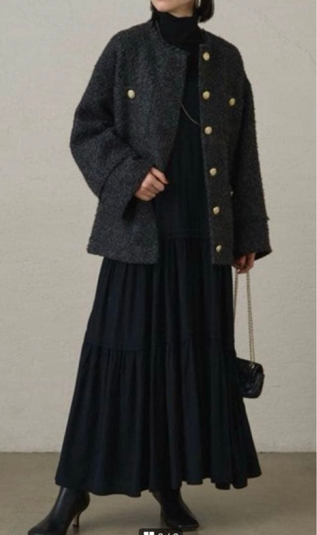 ラウンジドレス　ツイードジャケット　グレー　金ボタン　ノーカラー　卒園式　卒業式