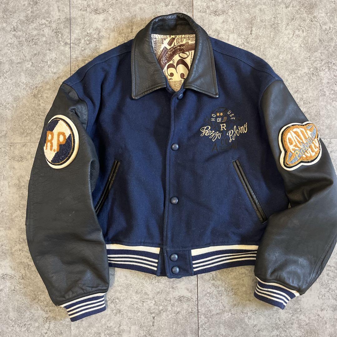 ROZZO スタジャン 短丈 ワッペン レザー　紺×黒 y2k 古着 アメカジ