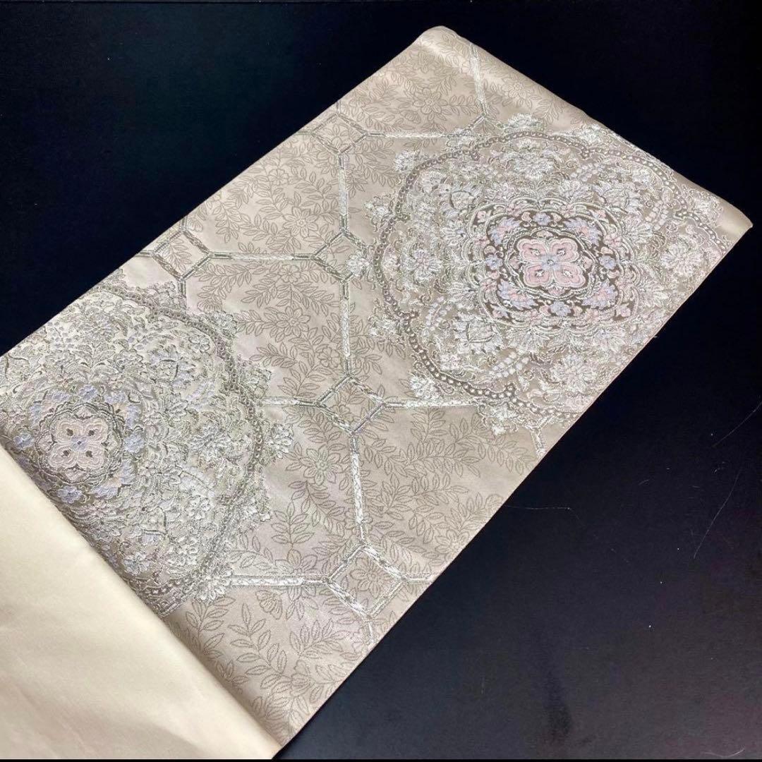 ZY-748 袋帯 吉祥鏡裏華文 銀糸 六通 正絹 白地 名品 逸品 フォーマル