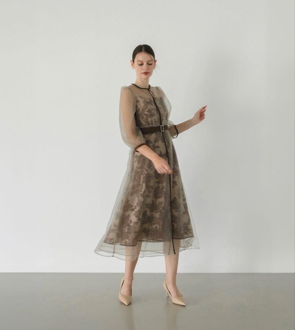 【Leja】チュールパイピングリーフベルトAラインドレスワンピース 2点セット