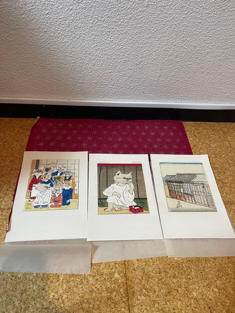 三匹の猫　小沢良吉　珍品絵本肉筆原画 挿絵 ケース原稿