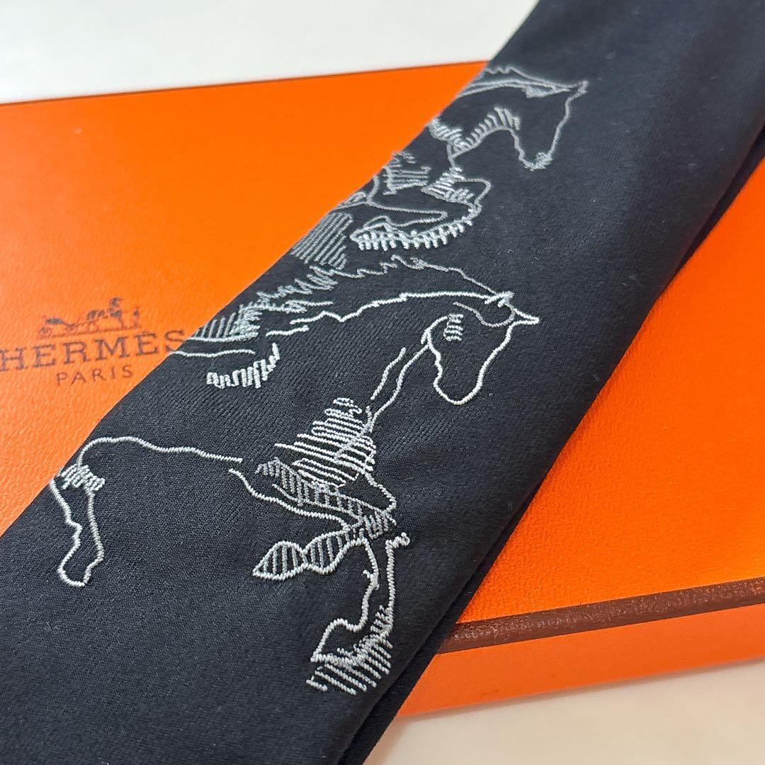 超希少 タグ付き 未使用 エルメス 馬の刺繍 ネクタイ ソリッド 黒 箱付き