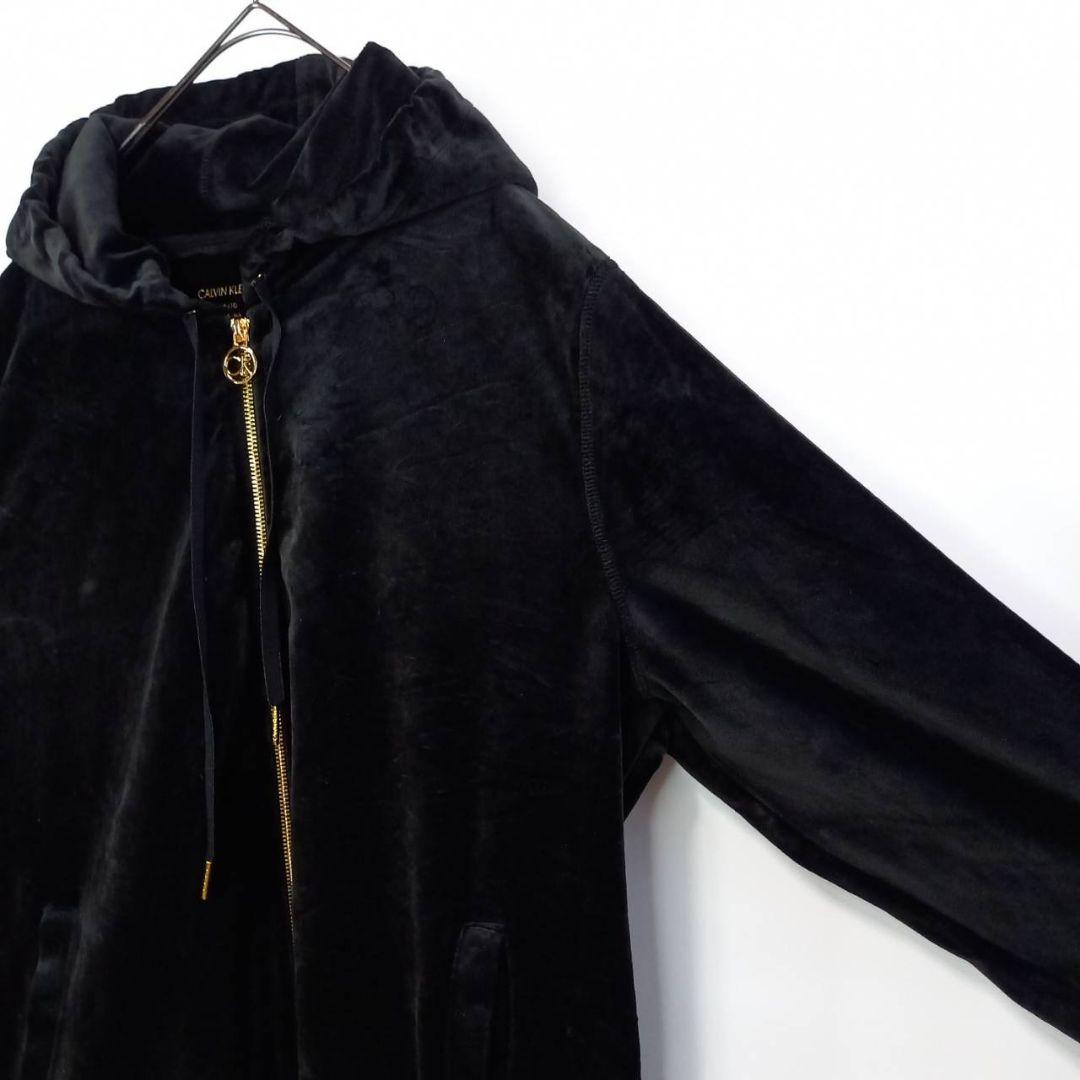 カルバンクライン　CK　ジップ　パーカー　長袖　レザー　ベロア　ロゴ　黒　XL