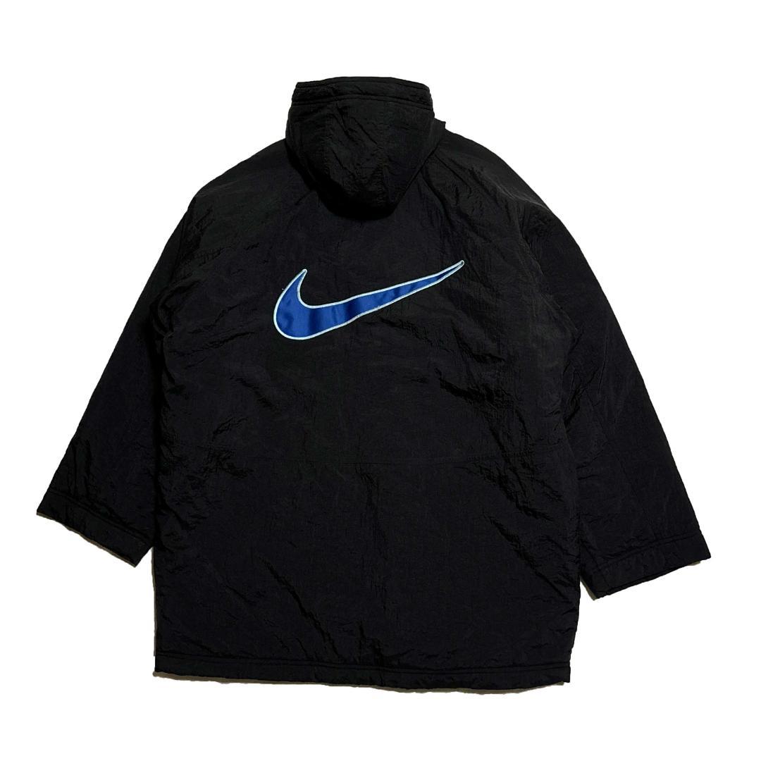 90s NIKE ベンチコート ロング 黒 青 スオッシュ L 中綿 古着