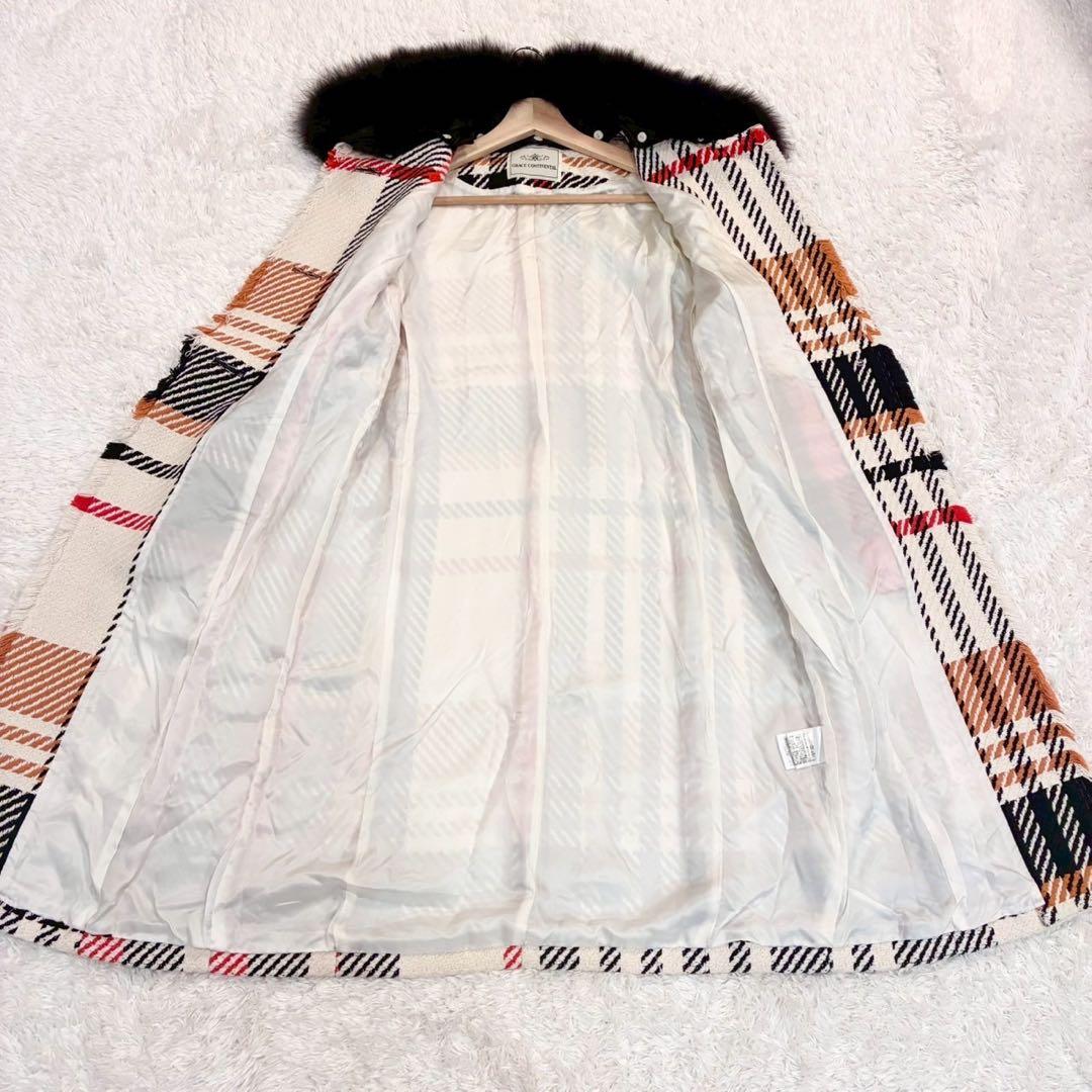 グレースコンチネンタル ロングコート 36 ツイード チェック フォックスファー