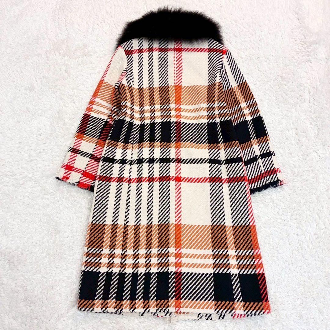 グレースコンチネンタル ロングコート 36 ツイード チェック フォックスファー