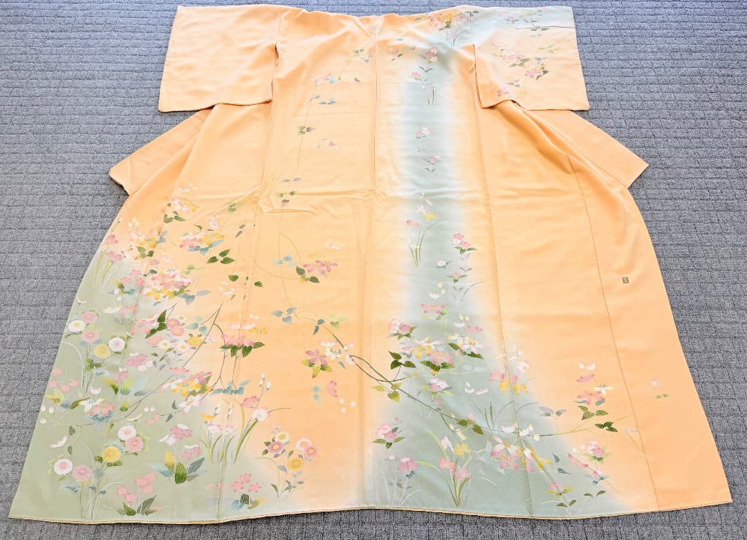 高級 訪問着 正絹 袷 加賀友禅 落款入り 薄オレンジ色 染め分け 約80万円