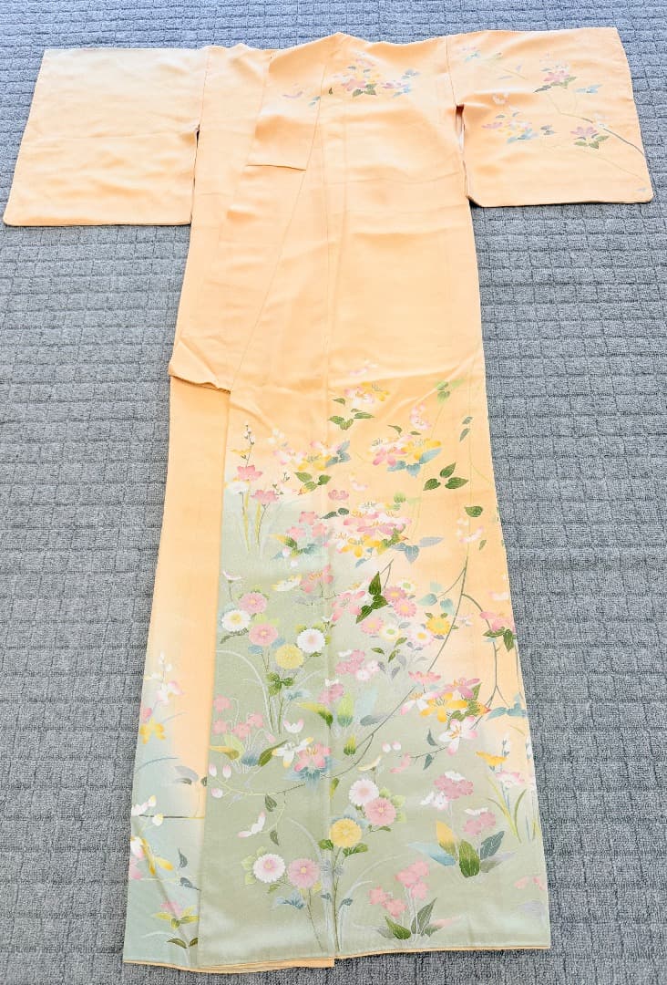 高級 訪問着 正絹 袷 加賀友禅 落款入り 薄オレンジ色 染め分け 約80万円