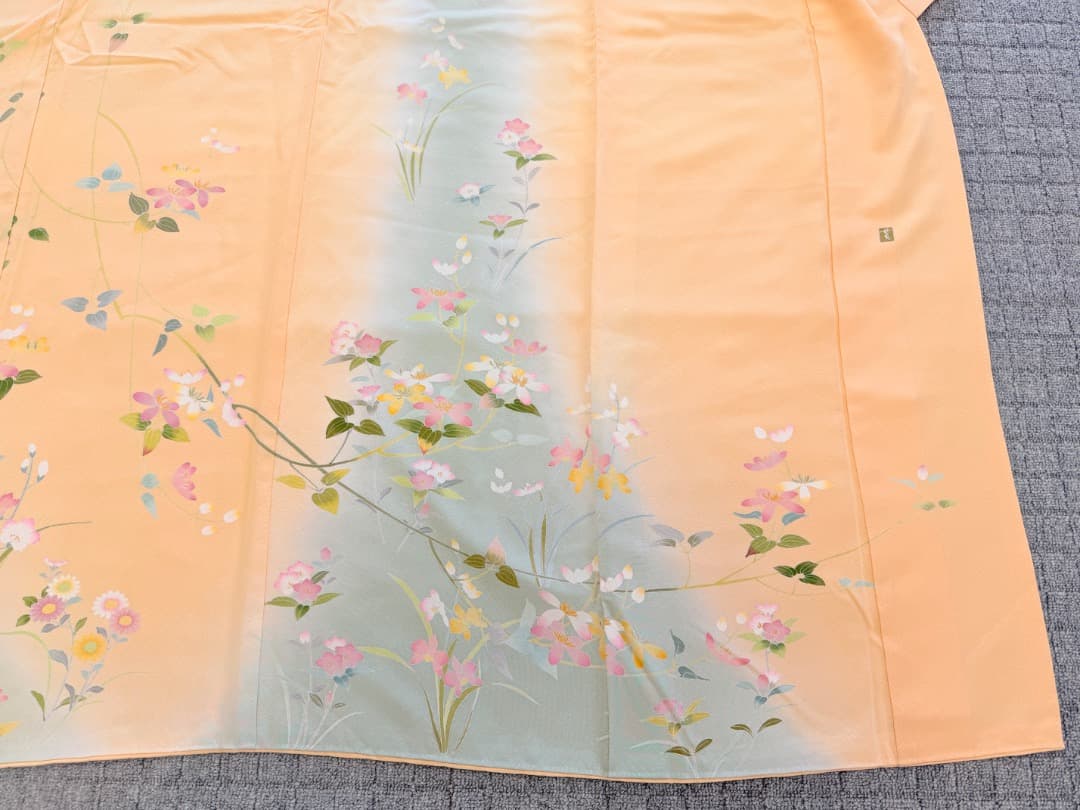 高級 訪問着 正絹 袷 加賀友禅 落款入り 薄オレンジ色 染め分け 約80万円