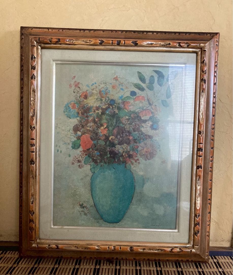 オディロン・ルドンのターコイズ色の花瓶に生けられた花(複製画)