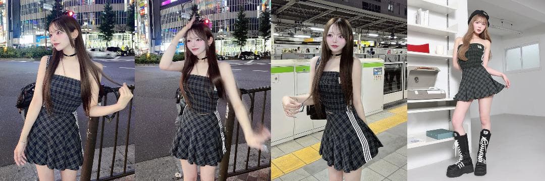 ダーリッチ darich リメイクライクチェックベアトップ ミニスカート GRN