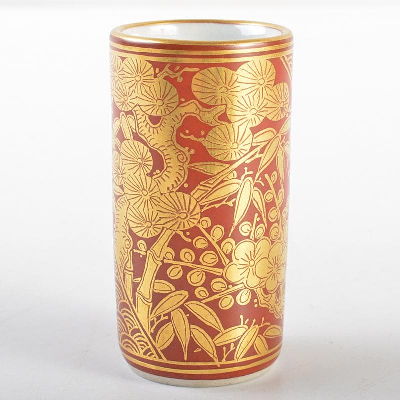 煎茶道具　三浦竹軒作　赤絵金彩　松竹梅文　巾筒　共布共箱　V　R5625