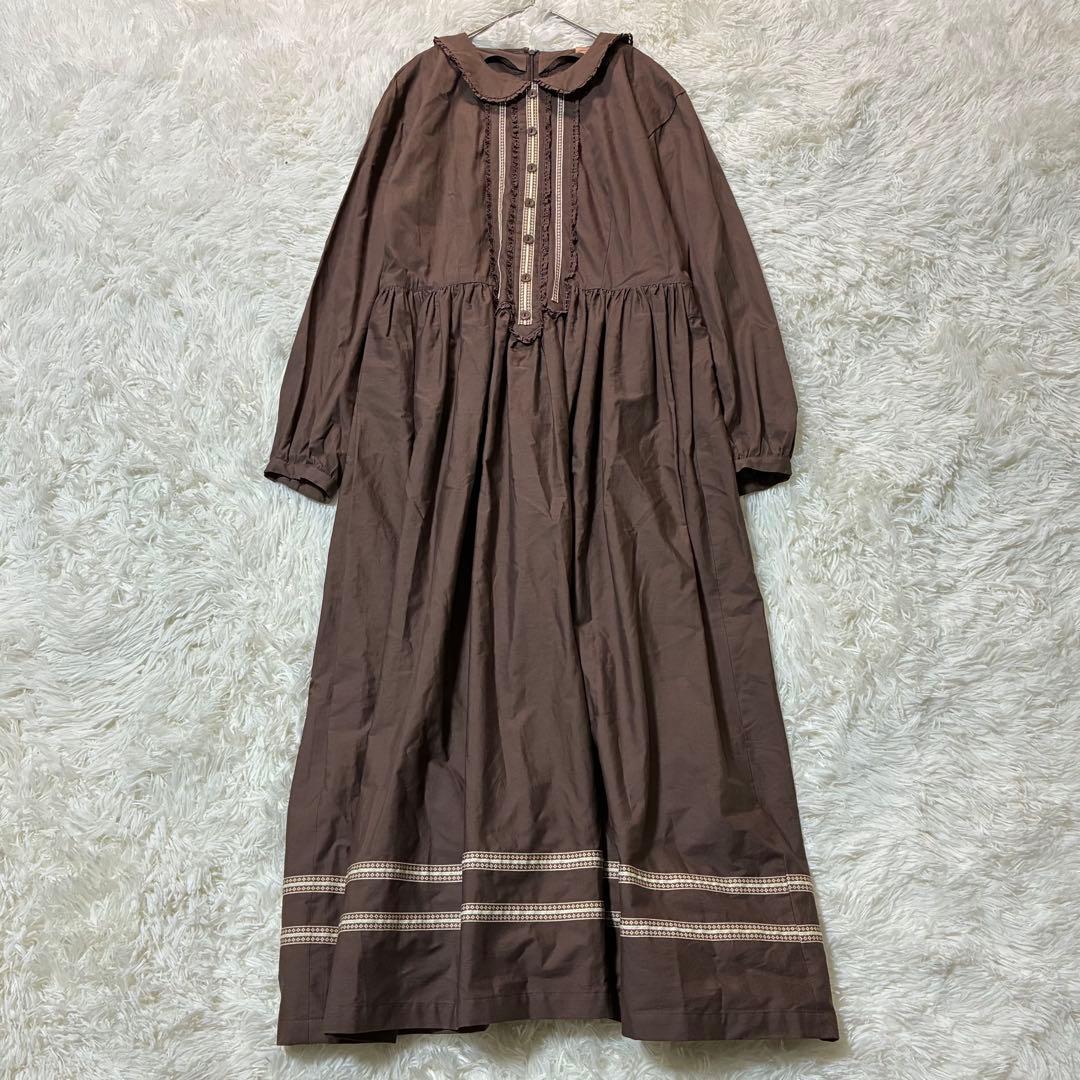 ストリートオルガン ロングワンピース M ブラウン フリル 襟 レトロ パーティ