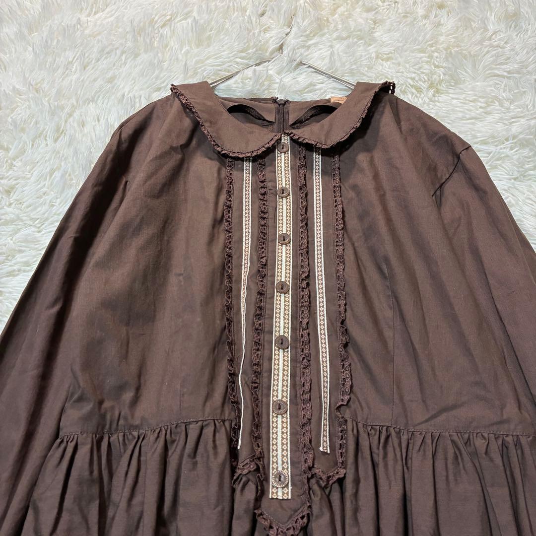 ストリートオルガン ロングワンピース M ブラウン フリル 襟 レトロ パーティ