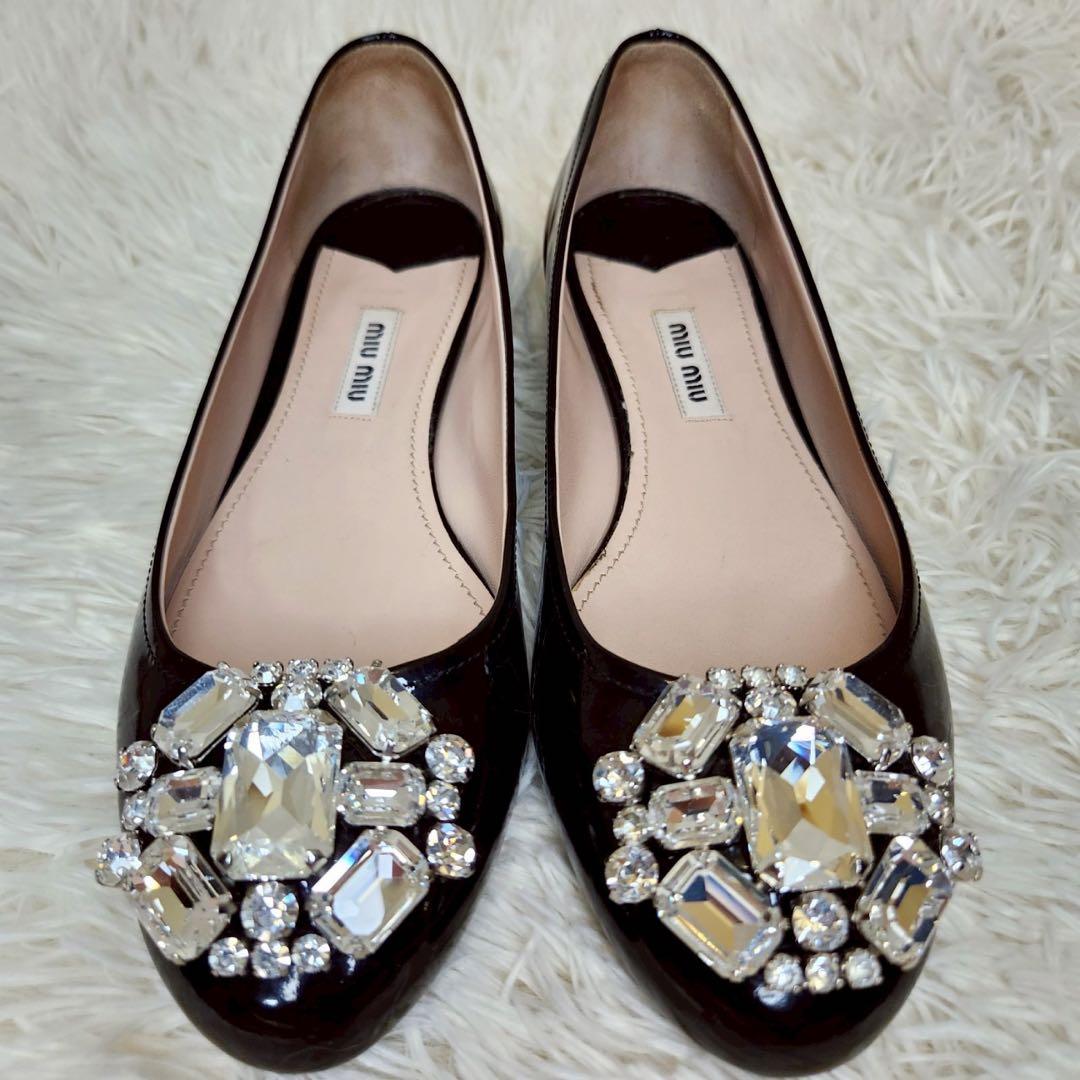 ✨希少✨MIU MIU エナメル フラットシューズ クリスタルビジュー