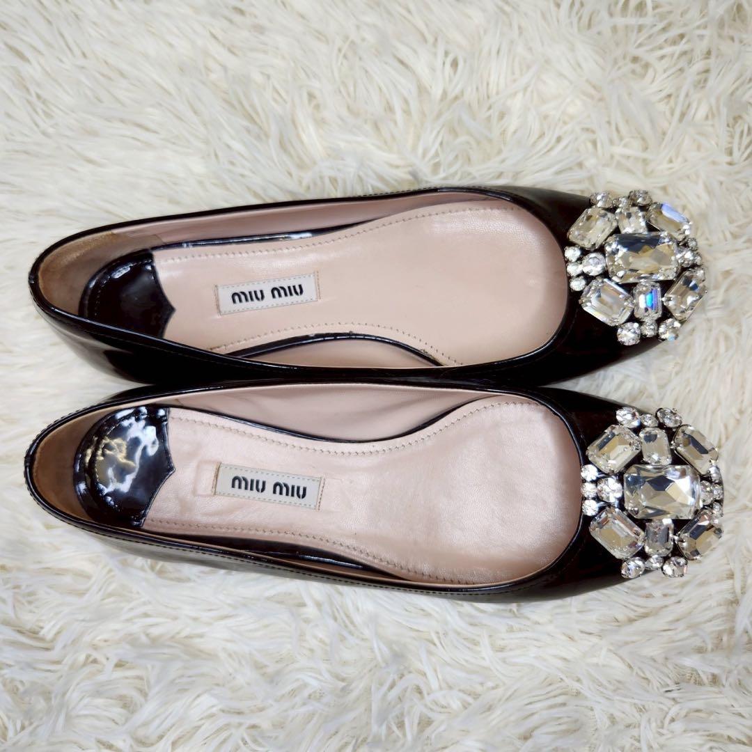 ✨希少✨MIU MIU エナメル フラットシューズ クリスタルビジュー