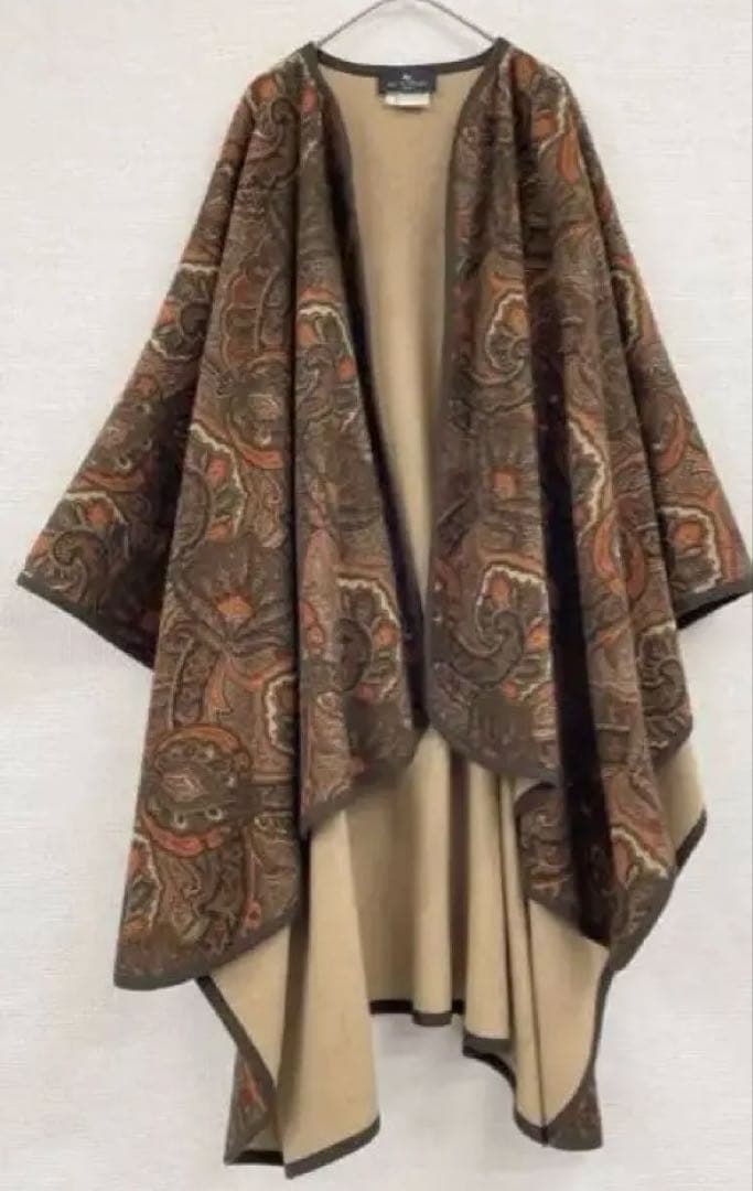 エトロ　ケープコート　ペイズリー　カシミヤ　ウール　ポンチョマント羽織りショール