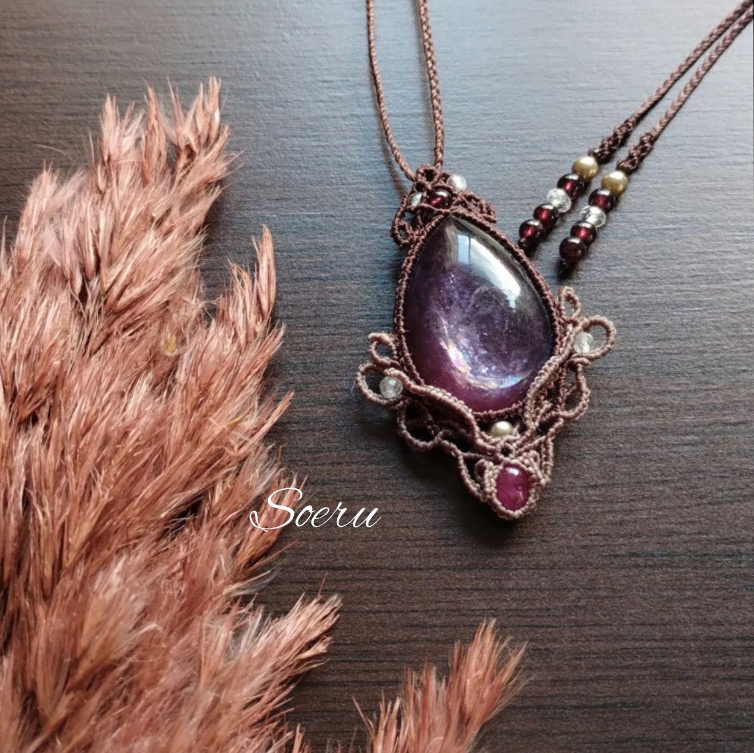 【Ray.s（零）】レピドライト＆ルビーのマクラメ編みネックレス