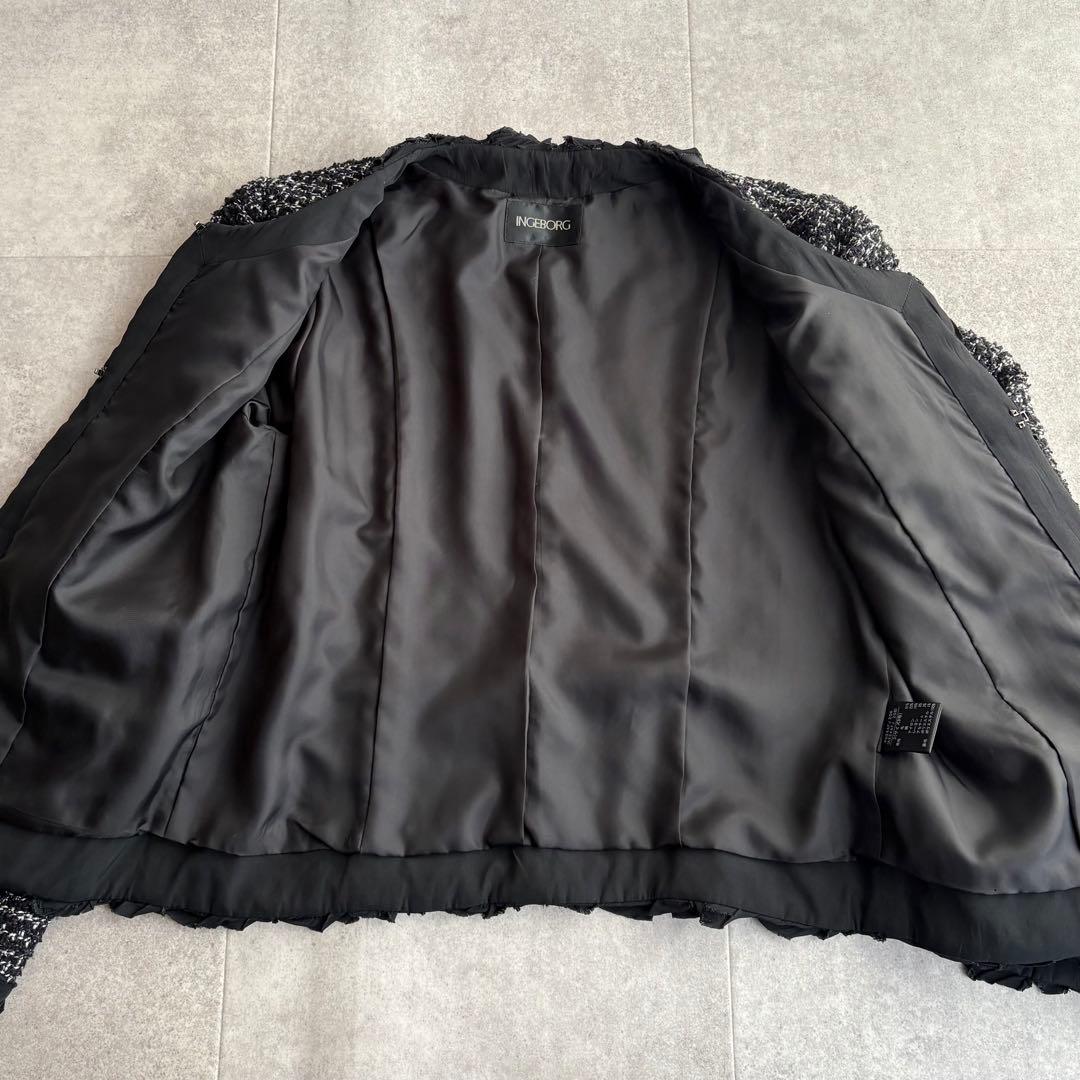 美品 INGEBORG ウール ツイード ノーカラージャケット ブラック 3