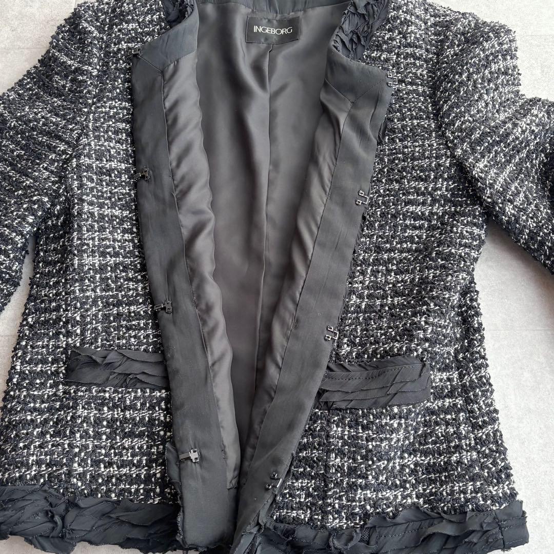 美品 INGEBORG ウール ツイード ノーカラージャケット ブラック 3