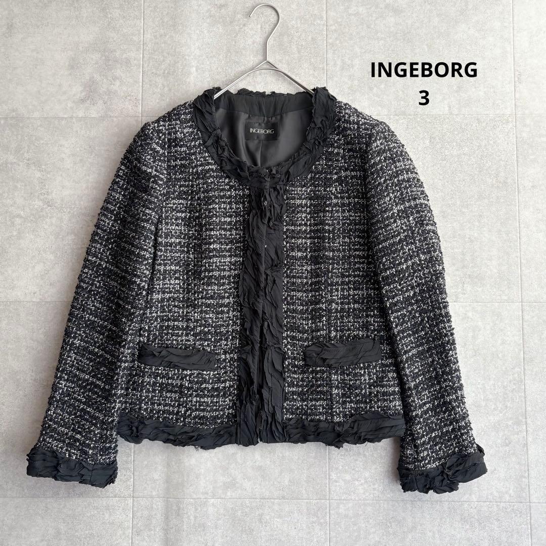 美品 INGEBORG ウール ツイード ノーカラージャケット ブラック 3