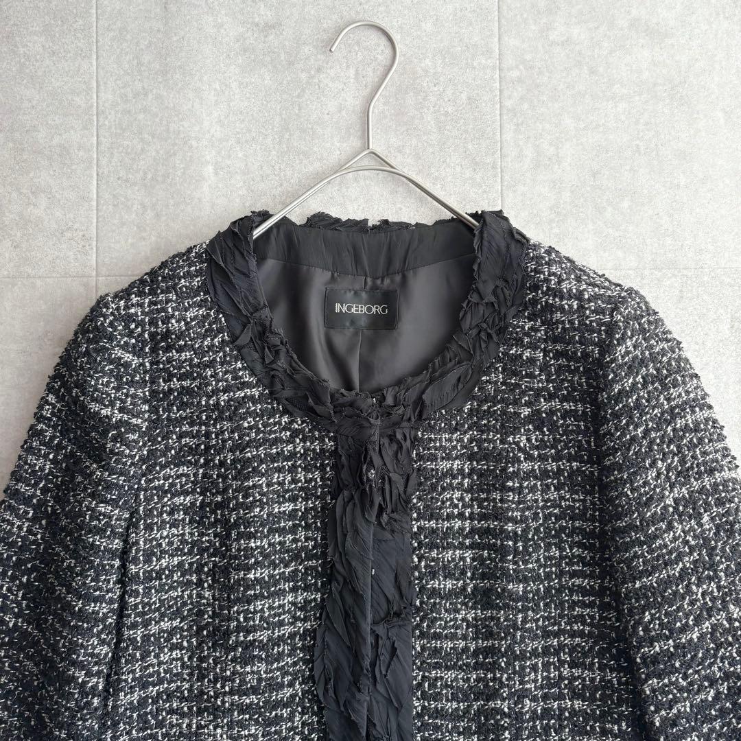 美品 INGEBORG ウール ツイード ノーカラージャケット ブラック 3