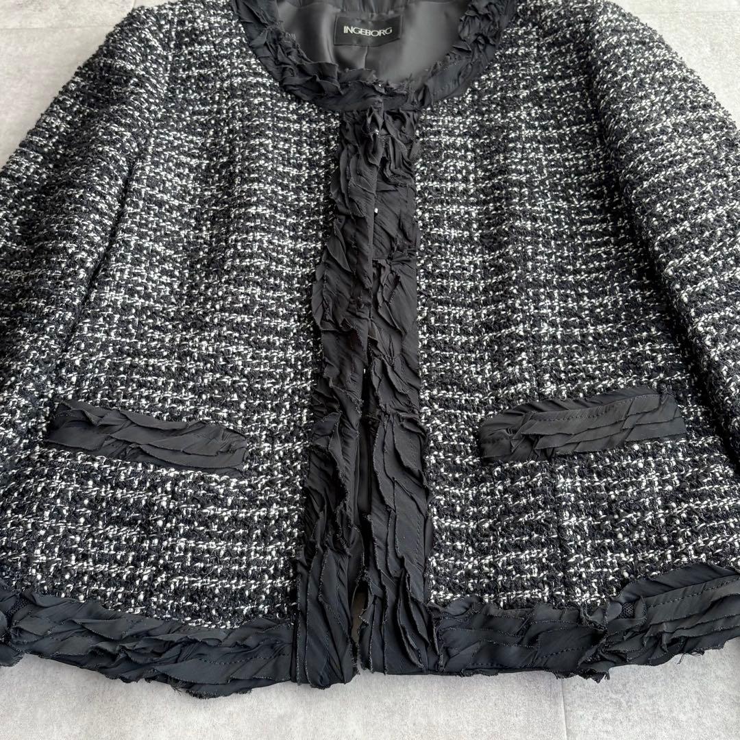 美品 INGEBORG ウール ツイード ノーカラージャケット ブラック 3
