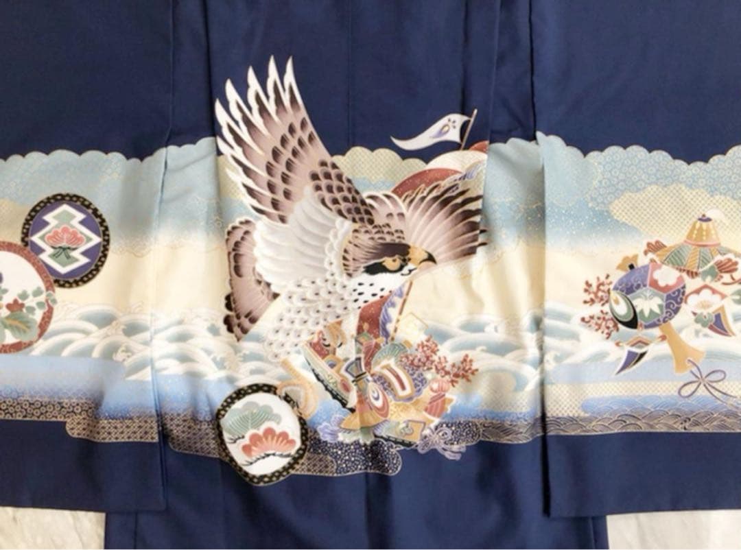 七五三用 紺色着物 鷹と花の刺繍