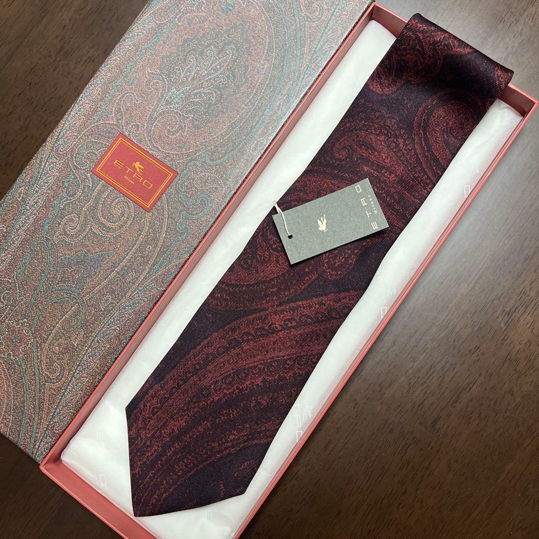 未使用タグ付　エトロ　ネクタイ　赤ボルドー　ペイズリー柄　シルクジャガード