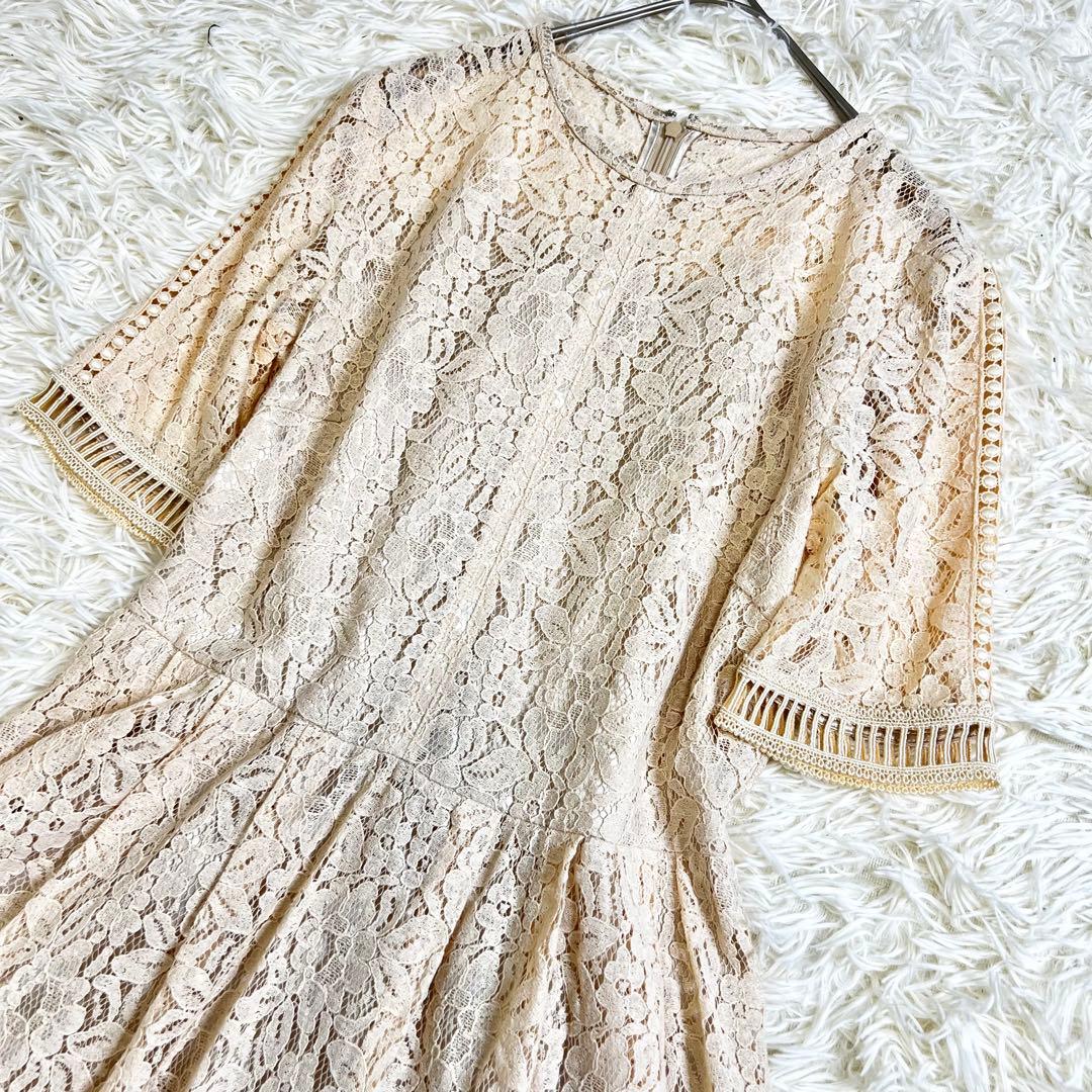 美品✨セルフォード 総レース ロングワンピース 花柄 フレア 半袖 ベージュ