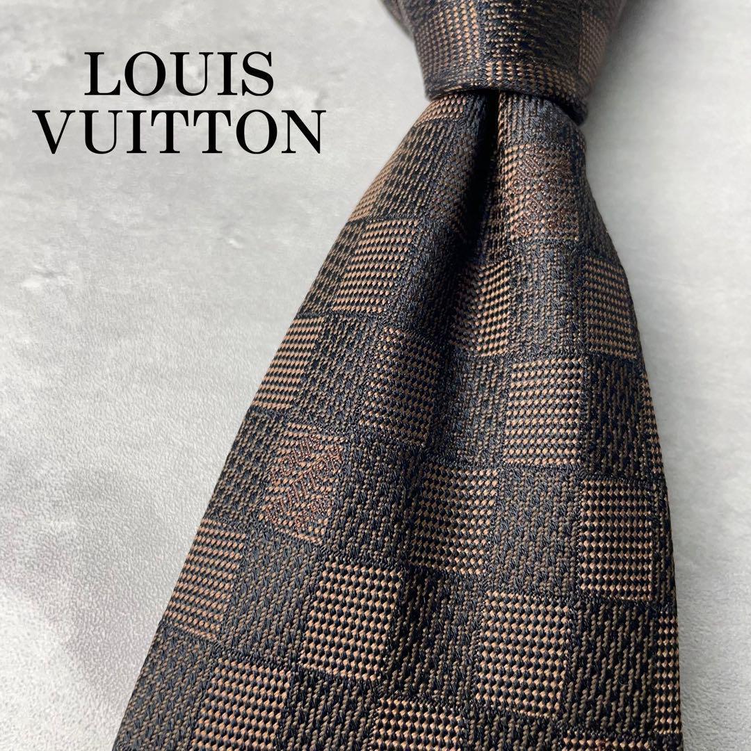美品 LOUIS VUITTON ジャガード ダミエ 格子柄 ネクタイ ブラウン