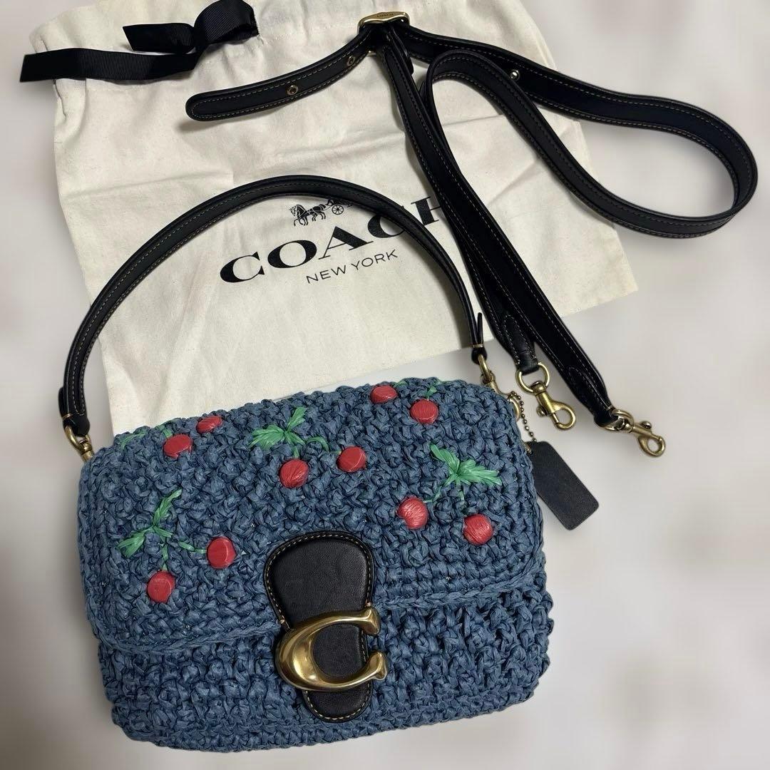COACH チェリー柄ストロー素材ハンドバッグ