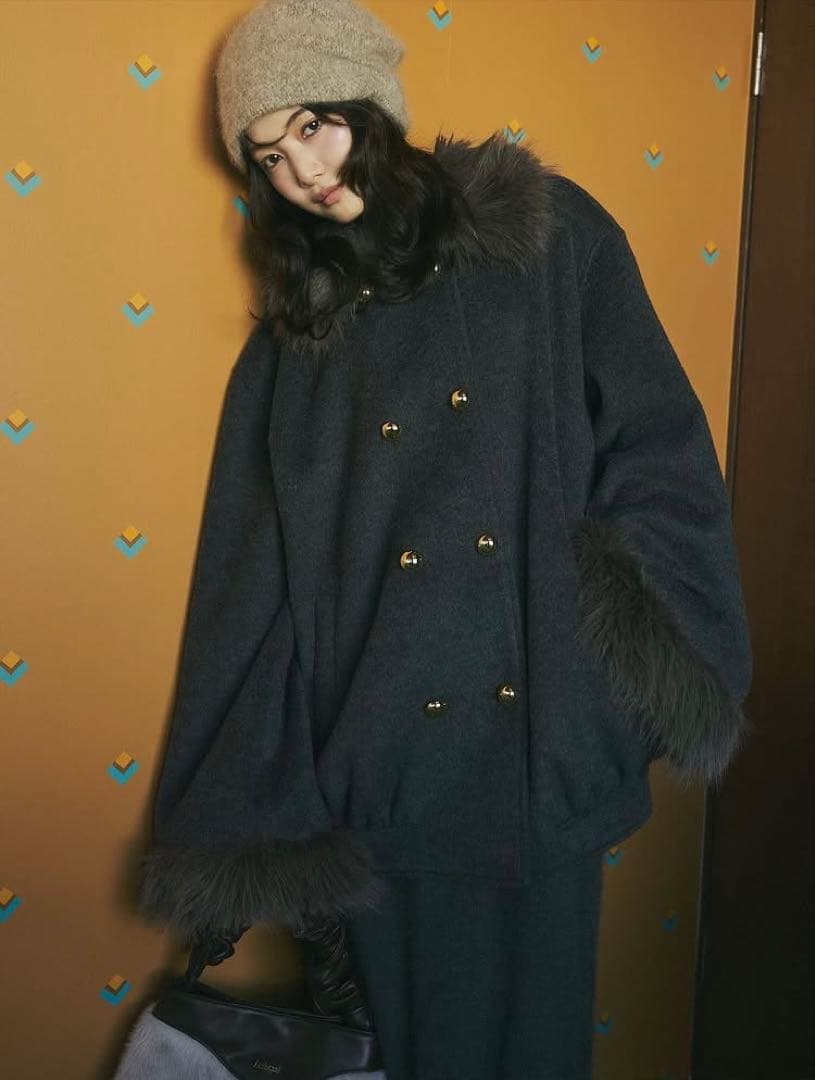 【Andequal】collar fur cocoon coat(チャコール)
