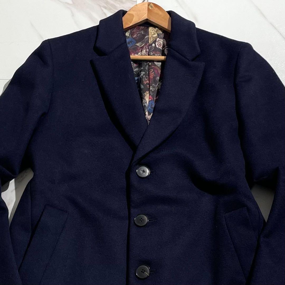 美品 ポールスミス 花柄 チェスターコート ロング丈 ネイビー アウター 203