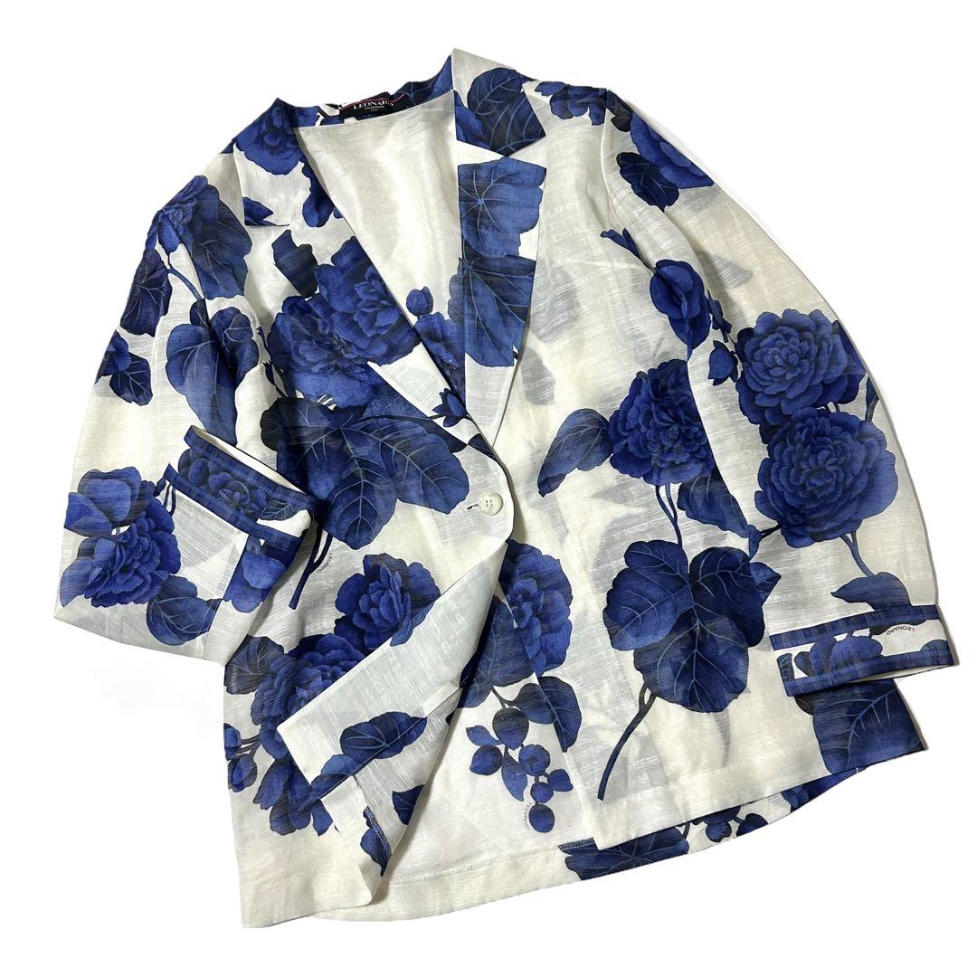 【美品】レオナール　テーラードジャケット　花柄　リネン×シルク　日本製　11AR