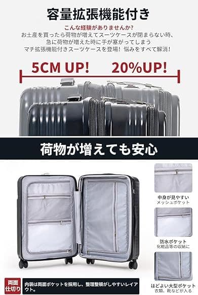 スーツケース フロントオープン 拡張 ストッパー キャリーケース 360度 M