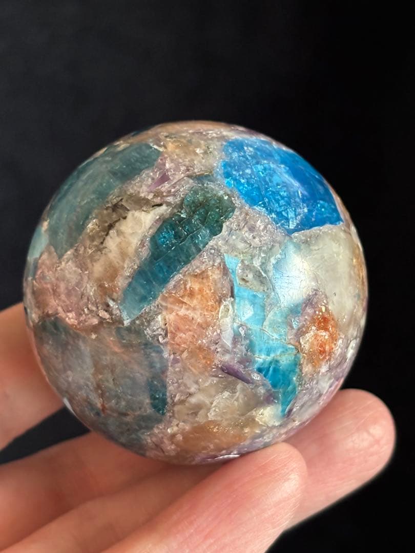 アパタイト&サンストーン&レピドライト&トルマリン共生　スフィア　5.25cm